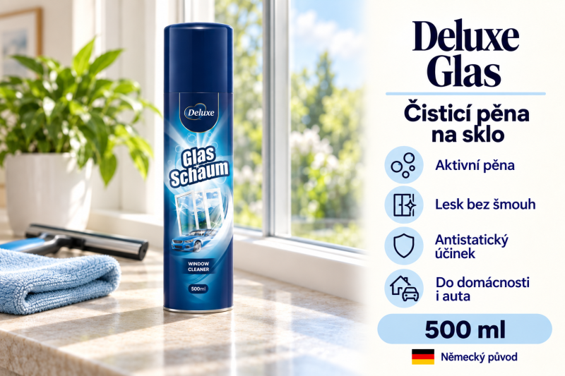 Deluxe Glas Schaum čisticí pěna na sklo 500 ml u prosluněného okna s přehledem benefitů