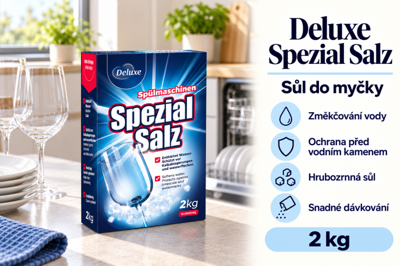 Deluxe Spezial Salz hrubozrnná sůl do myčky 2 kg ve světlé kuchyni s čistým nádobím a přehledem benefitů
