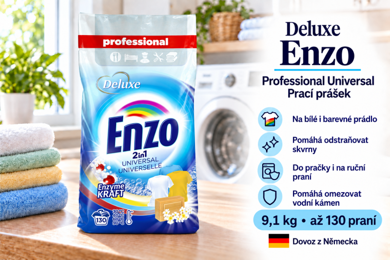 Deluxe Enzo Professional Universal prací prášek 9,1 kg na až 130 praní ve světlé prádelně s přehledem benefitů