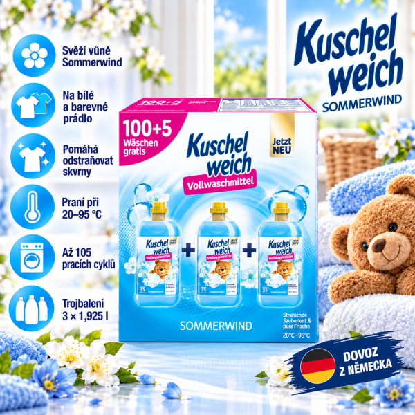 Kuschelweich Sommerwind trojbalení pracího gelu 3 × 1,925 l na bílé a barevné prádlo, až 105 praní, ve světlé prádelně s přehledem benefitů