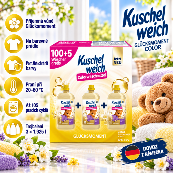 Kuschelweich Glücksmoment Color prací gel na barevné prádlo 3 × 1,925 l ve světlém interiéru s ručníky, medvídkem a přehledem benefitů