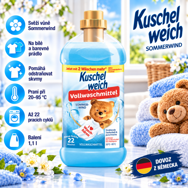 Kuschelweich Sommerwind Universal prací gel na bílé a barevné prádlo 1,1 l ve světlém interiéru s ručníky, medvídkem a přehledem benefitů