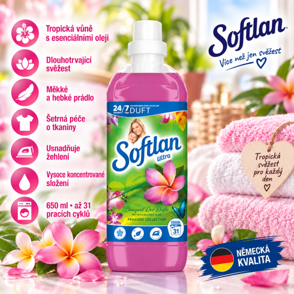 Softlan Ultra Paradise Sensations aviváž 650 ml na 31 dávek s růžovými ručníky, tropickými květy a přehledem benefitů