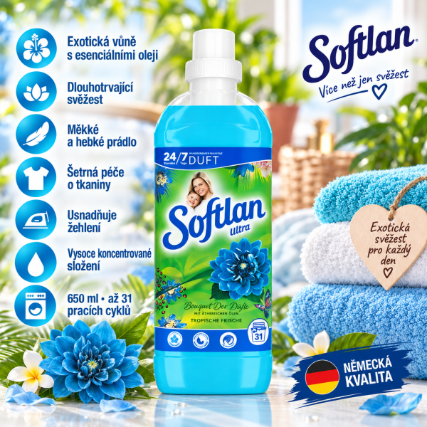 Softlan Ultra Tropische Frische aviváž 650 ml na 31 dávek s modrými ručníky, tropickými květy a přehledem benefitů