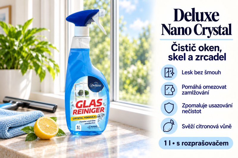 Deluxe Nano Crystal čistič oken, skel a zrcadel 1 l u světlého okna s modrou utěrkou, citronem a přehledem benefitů