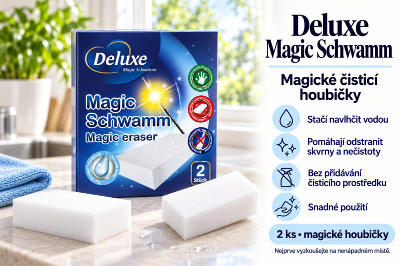 Deluxe Magic Schwamm balení 2 magických houbiček ve světlé kuchyni s přehledem benefitů čištění jen s vodou