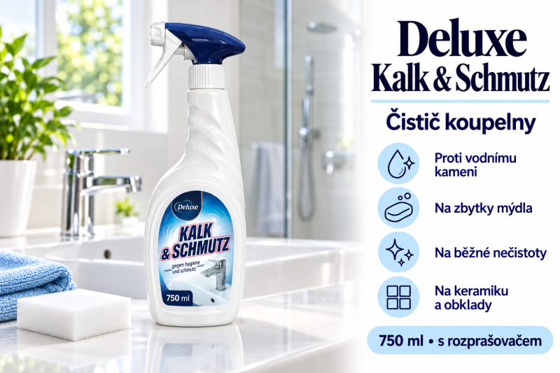 Deluxe Kalk & Schmutz čistič koupelny 750 ml ve světlé koupelně s přehledem benefitů proti vodnímu kameni a zbytkům mýdla