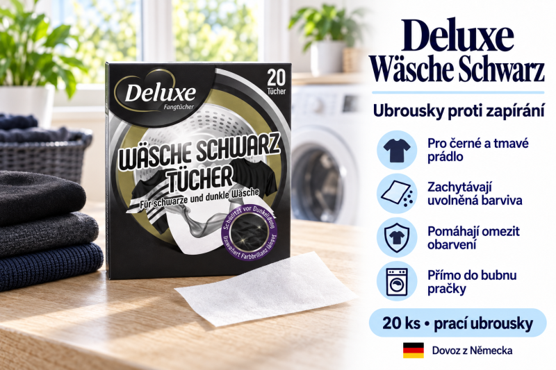 Deluxe Wäsche Schwarz prací ubrousky 20 ks vedle složeného tmavého prádla s pračkou v pozadí a přehledem benefitů