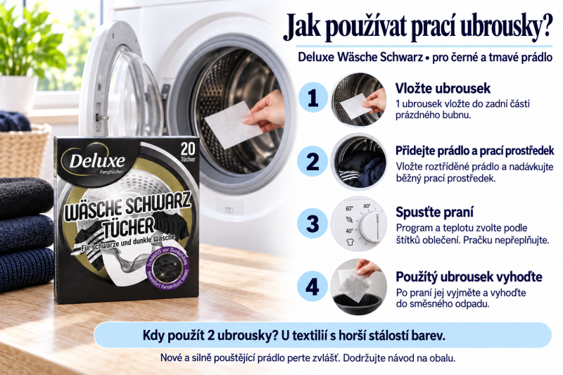 Návod k použití pracích ubrousků Deluxe Wäsche Schwarz ve čtyřech krocích s dávkováním a doporučením pro třídění prádla