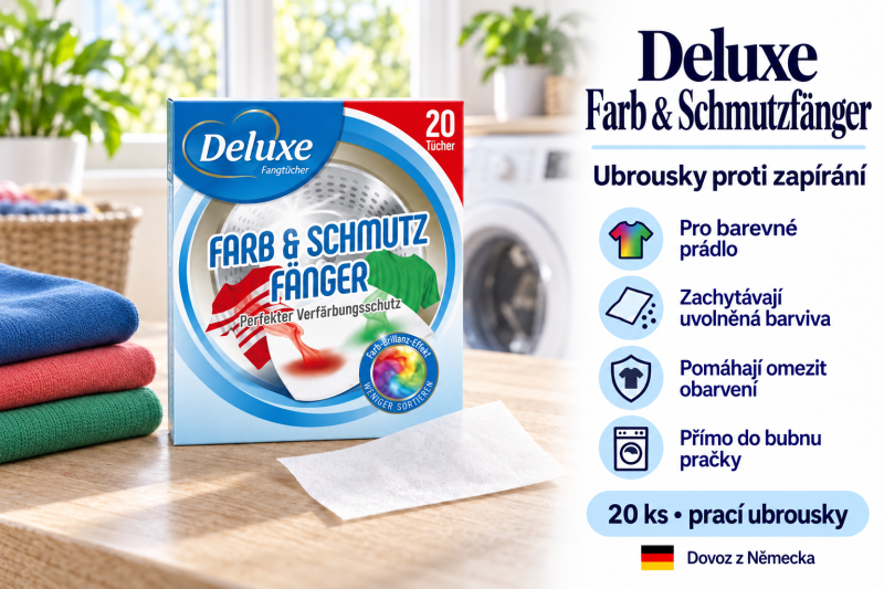 Deluxe Farb & Schmutzfänger prací ubrousky 20 ks vedle složeného barevného prádla s pračkou v pozadí a přehledem benefitů