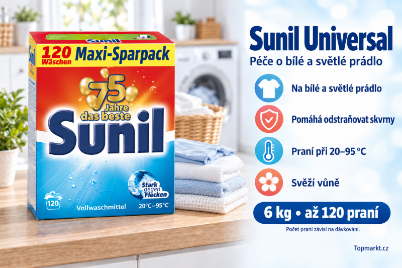 Sunil Universal prací prášek 6 kg na 120 praní ve světlé prádelně s bílým a světlým prádlem a přehledem benefitů