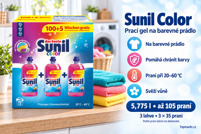 Sunil Color prací gel 5,775 l na 105 praní ve světlé prádelně s barevným prádlem a přehledem benefitů