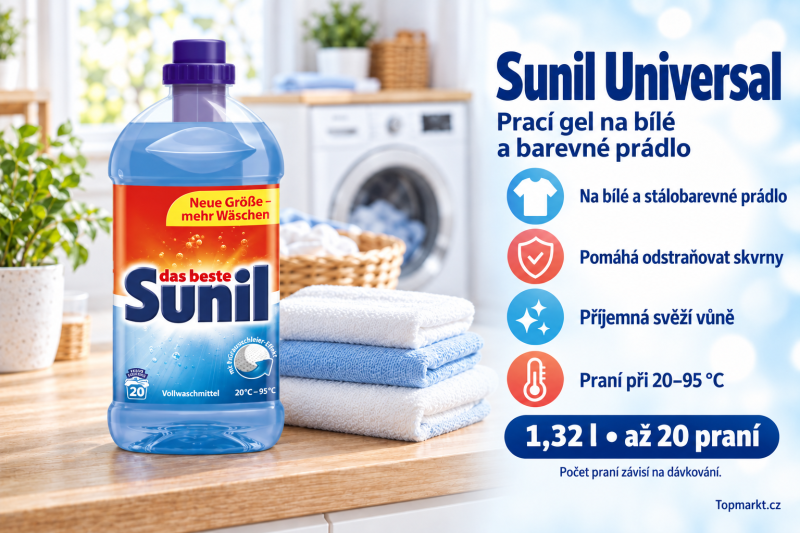 Sunil Universal prací gel 1,32 l vedle složených ručníků ve světlé prádelně s přehledem benefitů a údajem až 20 praní