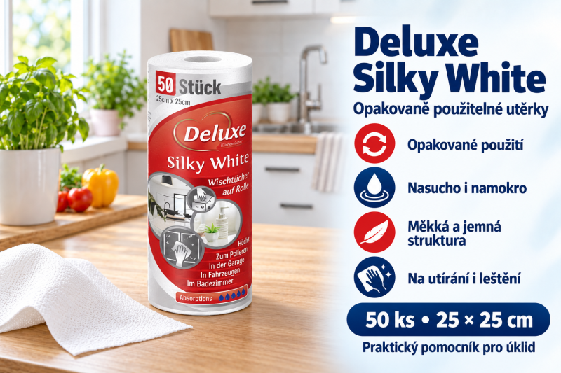Deluxe Silky White utěrky na roli ve světlé kuchyni s přehledem benefitů, rozměrem 25 × 25 cm a počtem 50 ks