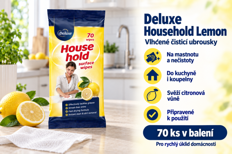Deluxe Household Lemon vlhčené čisticí ubrousky 70 ks ve světlé kuchyni s citrony a přehledem benefitů pro úklid domácnosti
