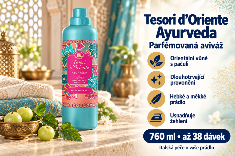 Tesori d’Oriente Ayurveda aviváž 760 ml v prostředí inspirovaném Indií s jemným prádlem, plody amly, lístky pačuli a přehledem benefitů