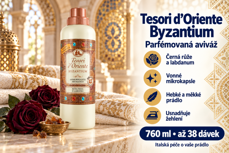 Tesori d’Oriente Byzantium aviváž 760 ml v prostředí se zlatou mozaikou, tmavými růžemi, labdanovou pryskyřicí a jemným prádlem s přehledem benefitů