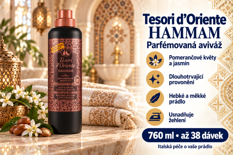 Tesori d’Oriente Hammam parfémovaná aviváž 760 ml v prostředí orientálních lázní s jemným prádlem, bílými květy a přehledem benefitů