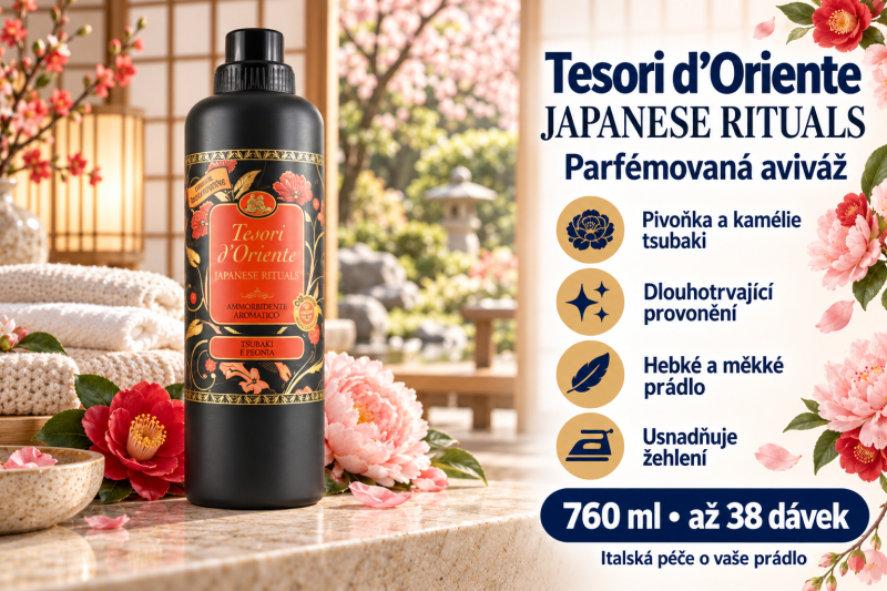 Tesori d’Oriente Japanese Rituals aviváž 760 ml v japonském interiéru s pivoňkami, kaméliemi, světlým prádlem a přehledem benefitů