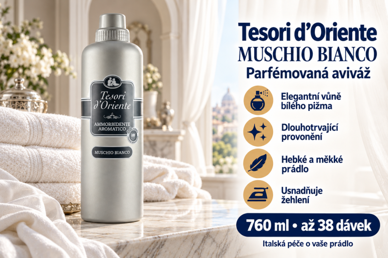 Tesori d’Oriente Muschio Bianco aviváž 760 ml ve světlém elegantním interiéru s bílým prádlem, stříbrnými detaily a přehledem benefitů