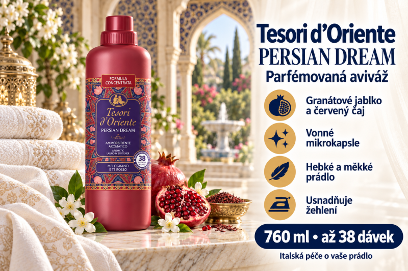Tesori d’Oriente Persian Dream aviváž 760 ml v prostředí perské zahrady s granátovým jablkem, jasmínem, světlým prádlem a přehledem benefitů