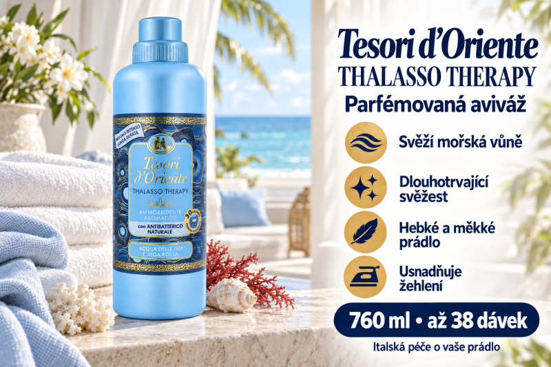 Tesori d’Oriente Thalasso Therapy aviváž 760 ml ve světlém přímořském interiéru s výhledem na moře, měkkým prádlem a přehledem benefitů