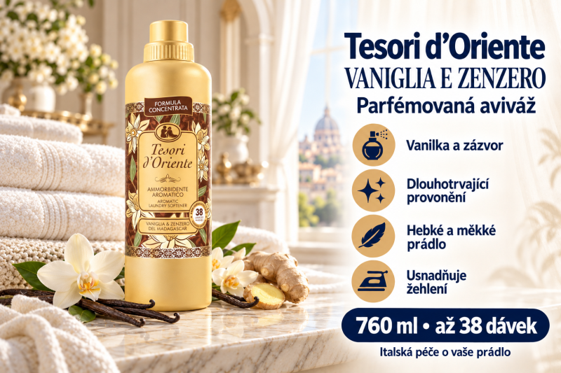 Tesori d’Oriente Vaniglia e Zenzero aviváž 760 ml v krémově zlatém interiéru s vanilkovými lusky, zázvorem, složeným prádlem a přehledem benefitů