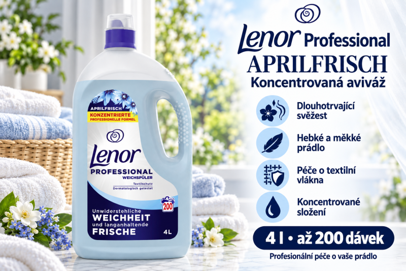 Lenor Professional Aprilfrisch aviváž 4 l ve světlém jarním interiéru se složeným prádlem, modrými a bílými květy a přehledem benefitů