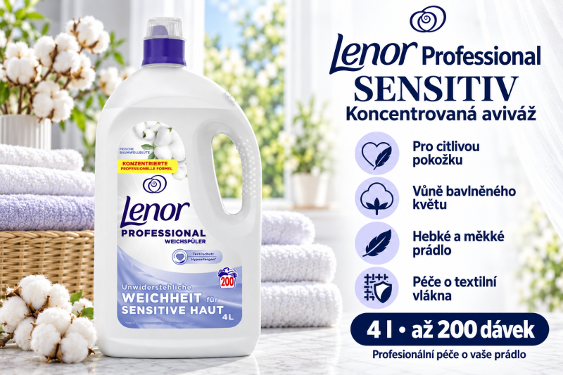 Lenor Professional Sensitiv aviváž 4 l vedle hebkých ručníků a bavlníku s přehledem benefitů pro citlivou pokožku