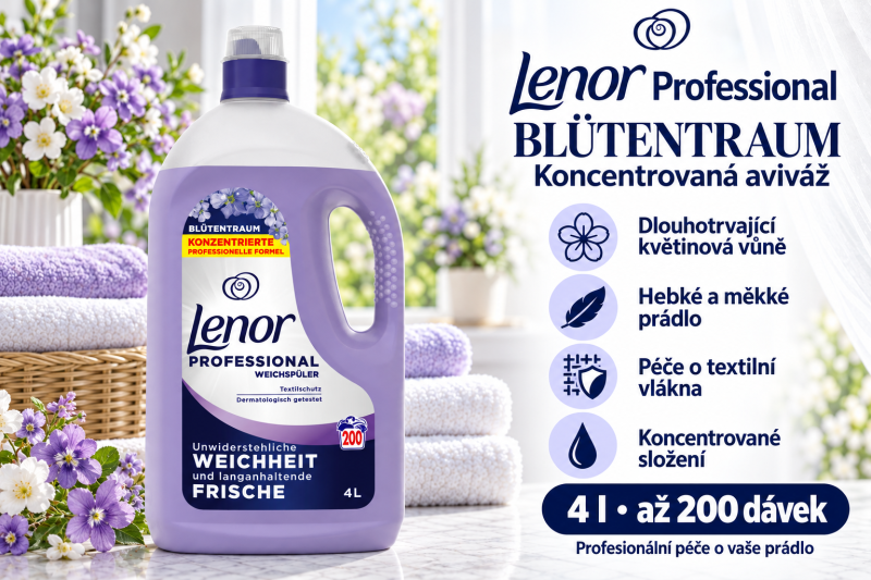 Lenor Professional Blütentraum aviváž 4 l vedle hebkých ručníků a fialových květů s přehledem benefitů