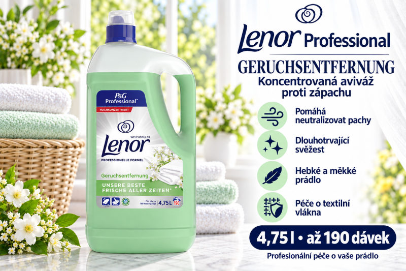 Lenor Professional Geruchsentfernung aviváž proti zápachu 4,75 l vedle složených ručníků a bílých květů s přehledem benefitů
