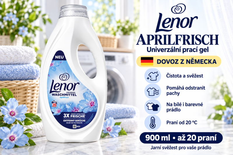 Lenor Universal Aprilfrisch prací gel 900 ml ve světlé prádelně s modrými květy, přehledem benefitů a označením dovozu z Německa