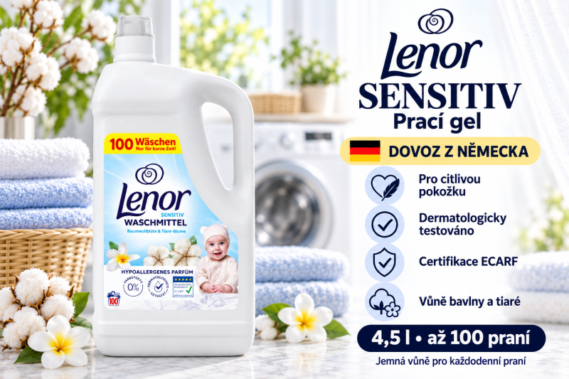 Lenor Sensitiv prací gel 4,5 l ve světlé prádelně s bavlnou, květy tiaré, přehledem benefitů a označením dovozu z Německa