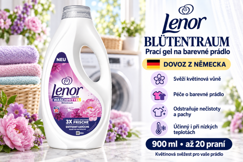 Lenor Color Blütentraum prací gel 900 ml vedle barevných ručníků a květin ve světlé prádelně s přehledem benefitů a označením dovozu z Německa