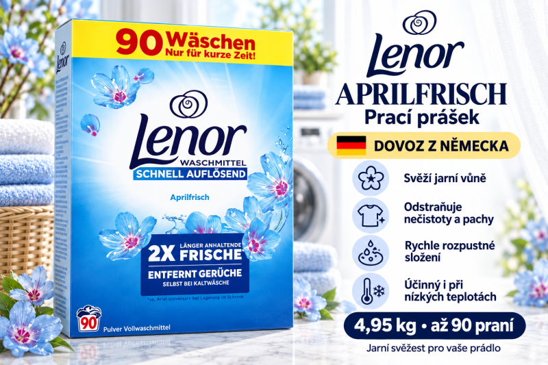 Lenor Aprilfrisch prací prášek 4,95 kg ve světlé prádelně s ručníky, modrými květinami, přehledem benefitů a označením dovozu z Německa
