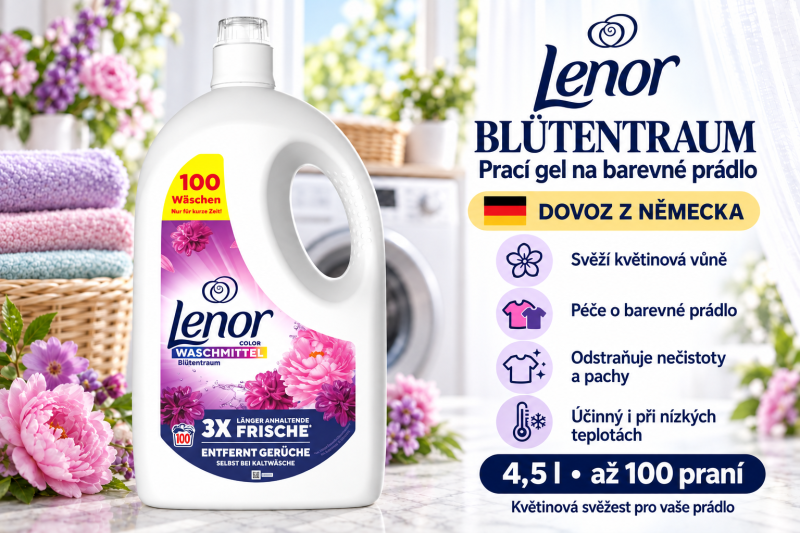 Lenor Color Blütentraum prací gel 4,5 l ve světlé prádelně s barevnými ručníky, růžovými a fialovými květinami, přehledem benefitů a označením dovozu z Německa