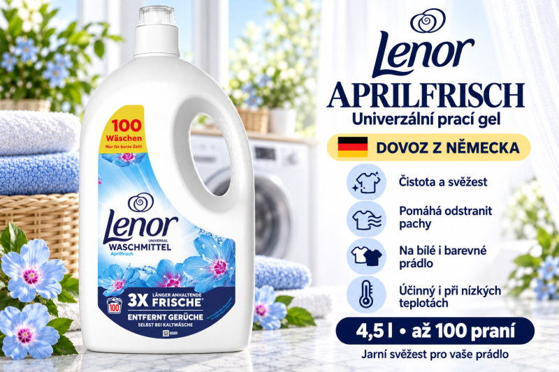 Lenor Aprilfrisch prací gel 4,5 l ve světlé prádelně s bílými a modrými ručníky, květinami, přehledem benefitů a označením dovozu z Německa