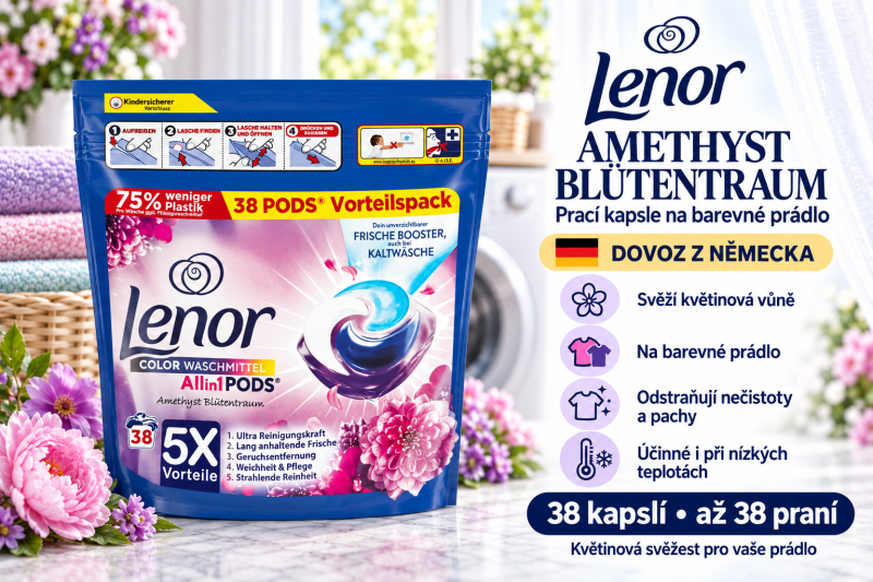 Lenor PODS Amethyst Blütentraum 38 ks ve světlé prádelně s barevnými ručníky, květinami, přehledem benefitů a označením dovozu z Německa