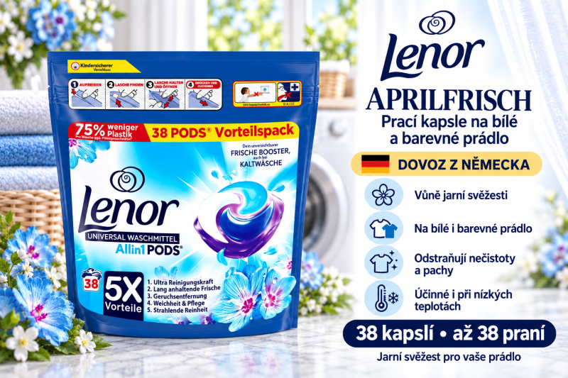 Lenor PODS Aprilfrisch 38 ks ve světlé prádelně s bílými a modrými ručníky, květinami, přehledem benefitů a označením dovozu z Německa