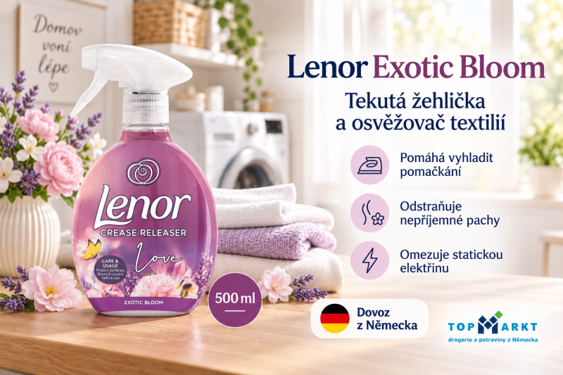Lenor Exotic Bloom tekutá žehlička 500 ml ve světlé prádelně s bílými a fialovými ručníky, květy, přehledem benefitů a označením dovozu z Německa