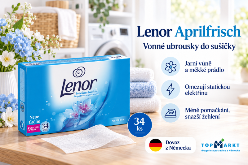 Lenor Aprilfrisch ubrousky do sušičky 34 ks ve světlé prádelně s bílými a modrými ručníky, květy, přehledem benefitů a označením dovozu z Německa