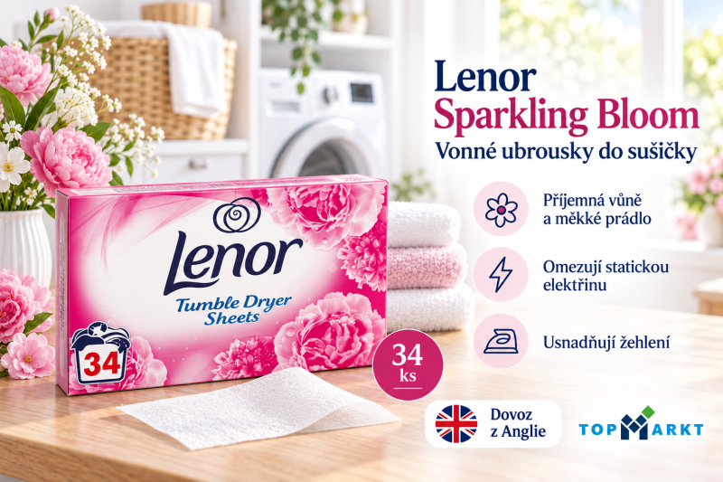 Lenor Sparkling Bloom ubrousky do sušičky 34 ks ve světlé prádelně s růžovými a bílými ručníky, květy, přehledem benefitů a označením dovozu z Anglie