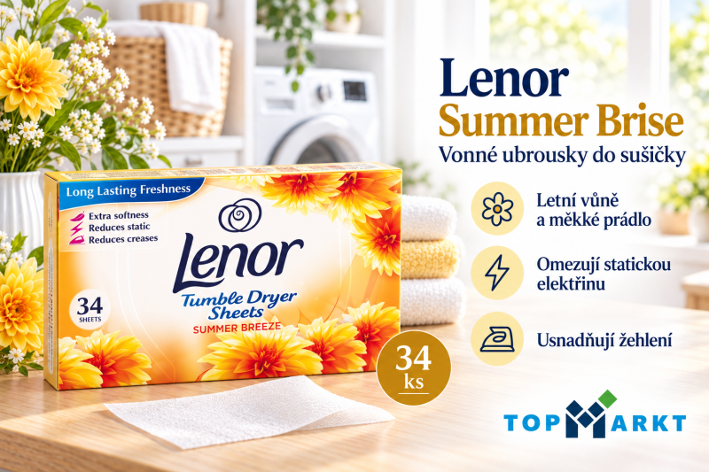 Lenor Summer Brise ubrousky do sušičky 34 ks ve světlé prádelně se žlutými květinami, ručníky a přehledem benefitů