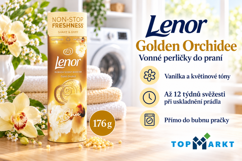 Lenor Golden Orchidee vonné perličky do praní 176 g ve světlé prádelně s orchidejemi, ručníky a přehledem benefitů