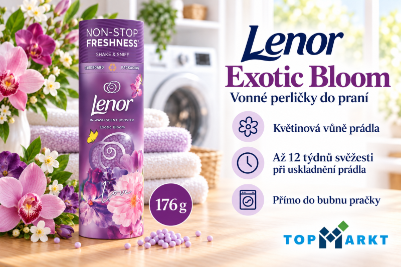 Lenor Exotic Bloom vonné perličky do praní 176 g ve světlé prádelně s fialovými a růžovými květinami, ručníky a přehledem benefitů