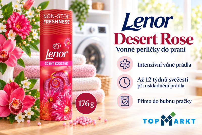 Lenor Desert Rose vonné perličky do praní 176 g ve světlé prádelně s růžovými květinami, ručníky a přehledem benefitů