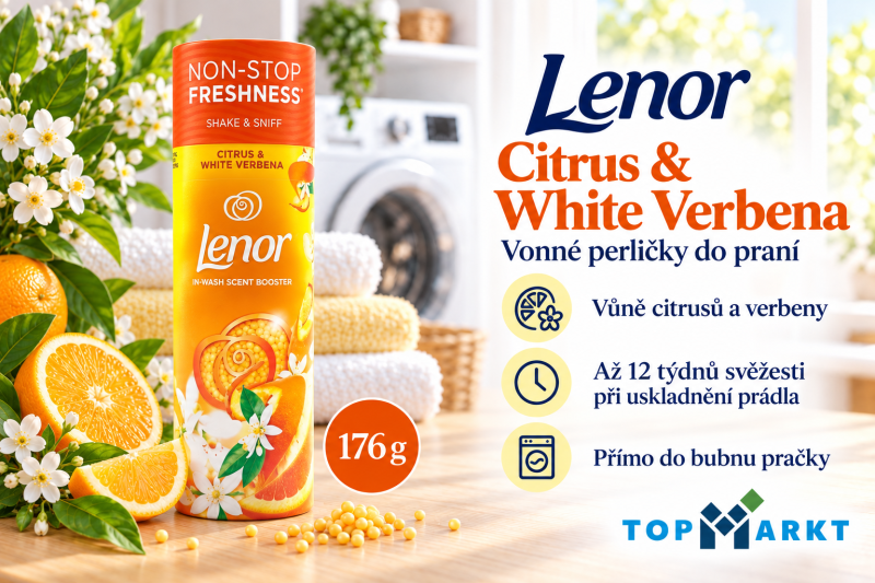 Lenor Citrus & White Verbena vonné perličky do praní 176 g ve světlé prádelně s citrusy, bílými květinami a přehledem benefitů