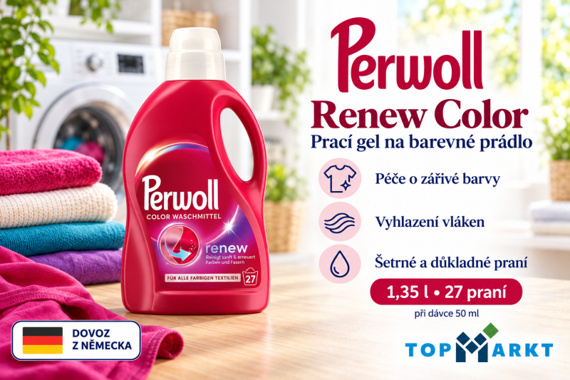 Perwoll Renew Color prací gel na barevné prádlo 1,35 l ve světlé prádelně s barevným prádlem a přehledem benefitů