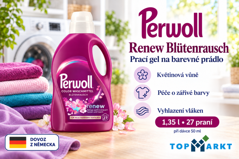 Perwoll Renew Blütenrausch prací gel 1,35 l ve světlé prádelně s barevným prádlem, květinami a přehledem benefitů