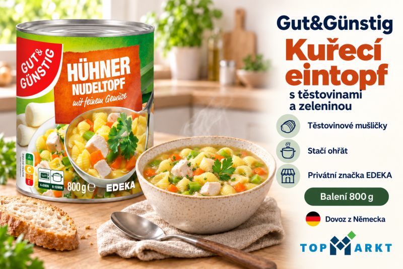 Gut&Günstig kuřecí eintopf s těstovinami a zeleninou 800 g v útulné kuchyni s miskou hotového jídla a přehledem benefitů